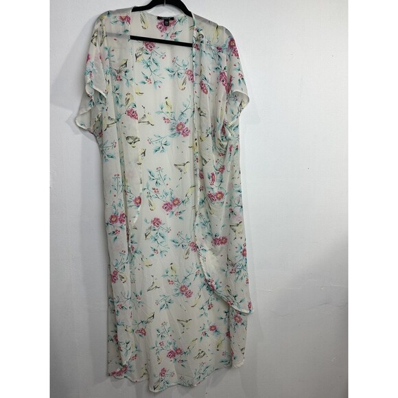 TORRID Women Ivory Pink Green Floral Birds‎ Short Sleeve Cardigan Dress Size 2/3 - Picture 2 of 9